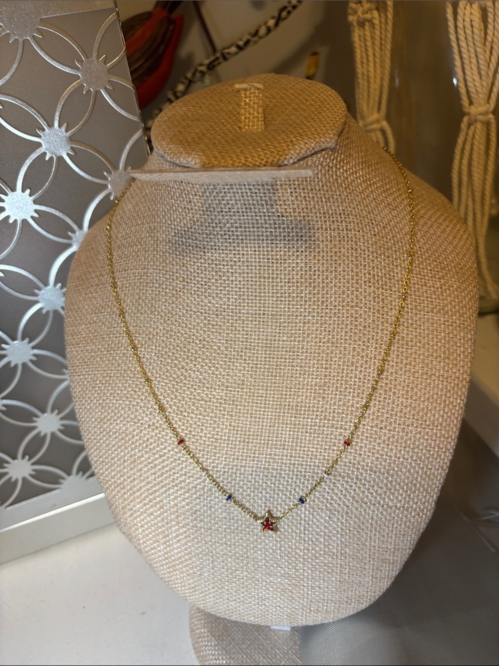Kendra Scott Gold Necklace with Red Star and Blue Accent Beads